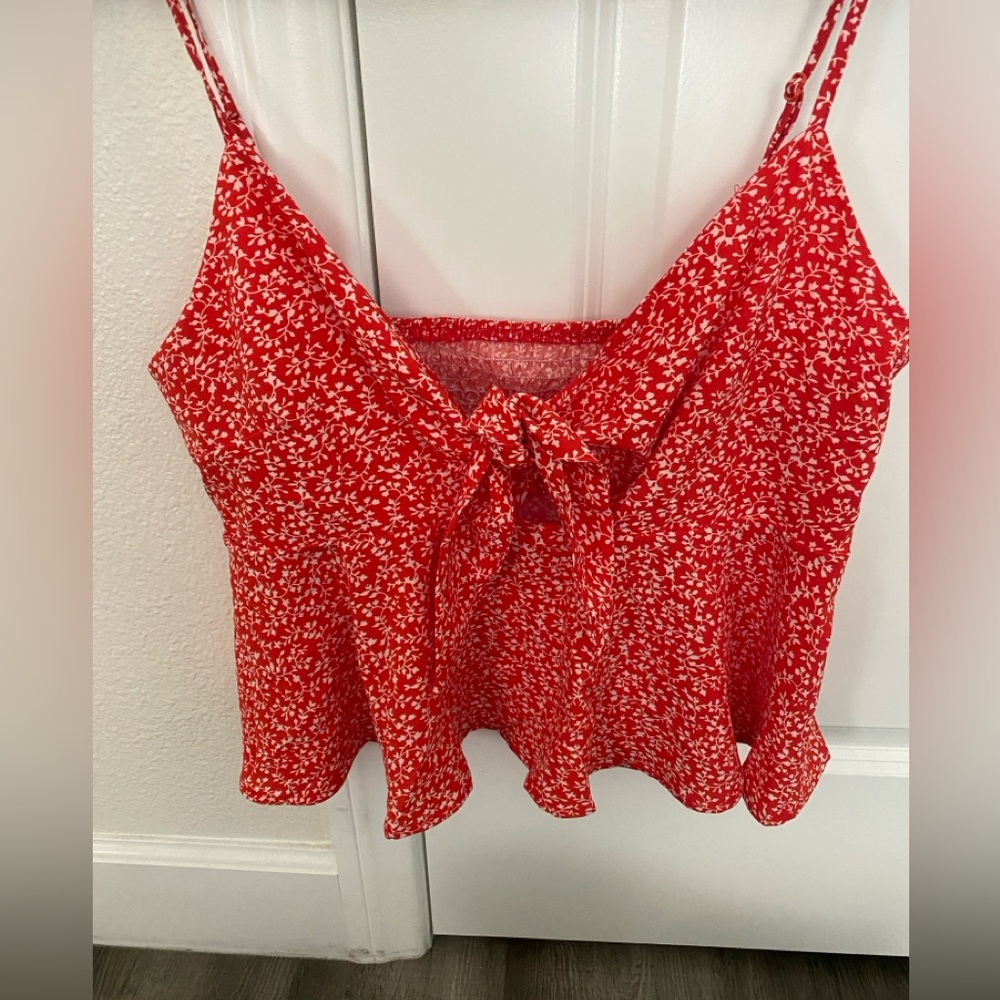 SHEIN Red Floral Tie-Front Top
